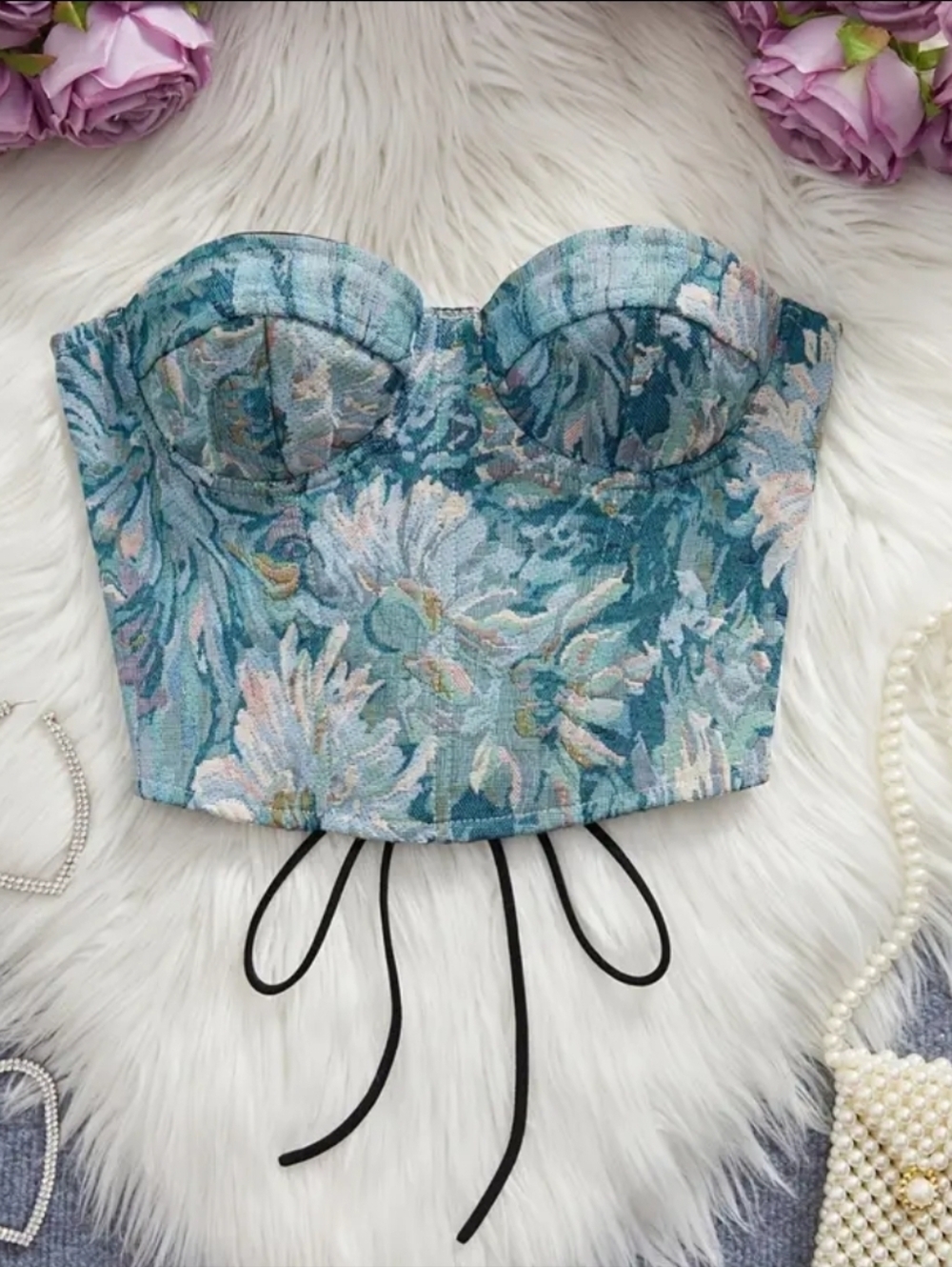 NWT - Women's Blue & Green Floral Bustier Lace Up Back Top